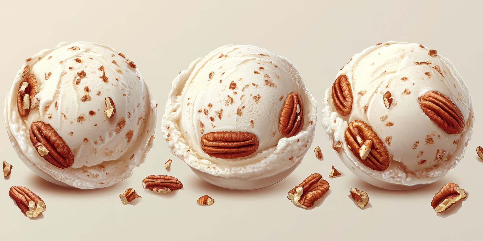 Creamy vanilla ice cream scoops with pecan pieces on a simple background